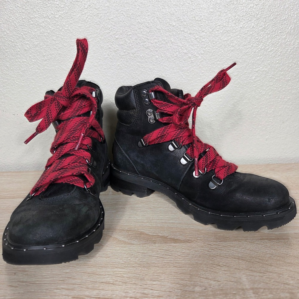 Sorel Lennox Hiker Waterproof Boots Black Red Plaid Laces Women's 6